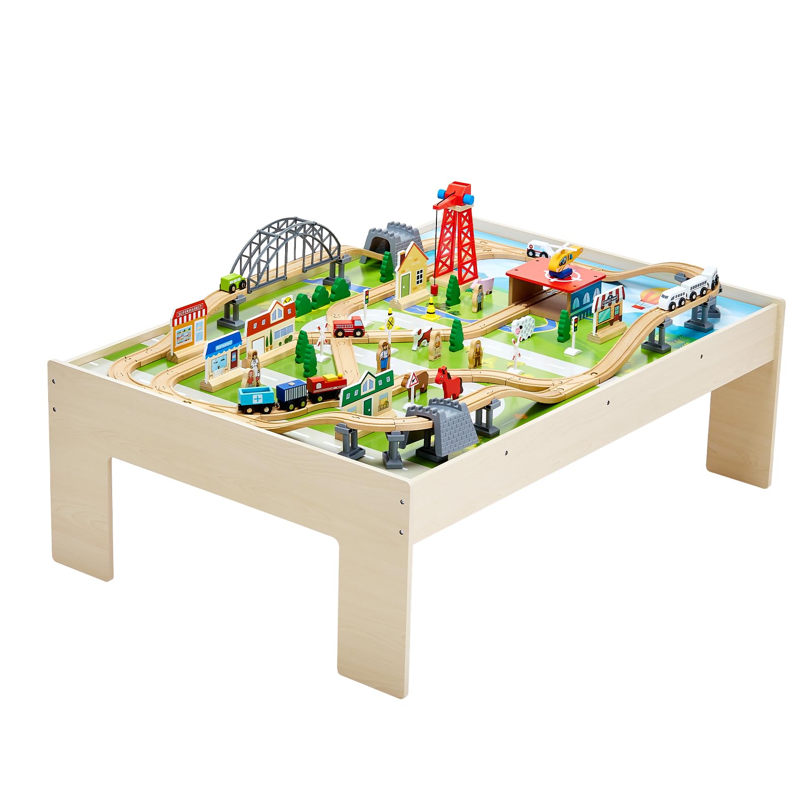 VEVOR Holz Aktivitätstisch, 120-teilig, mit zusammenklappbarem Aufbewahrungsbehälter, 3-in-1-Eisenbahn-Set zum Spielen, Malen, Lesen, Essen, kreatives Spielzeug-Set für Kinder ab 3 Jahren