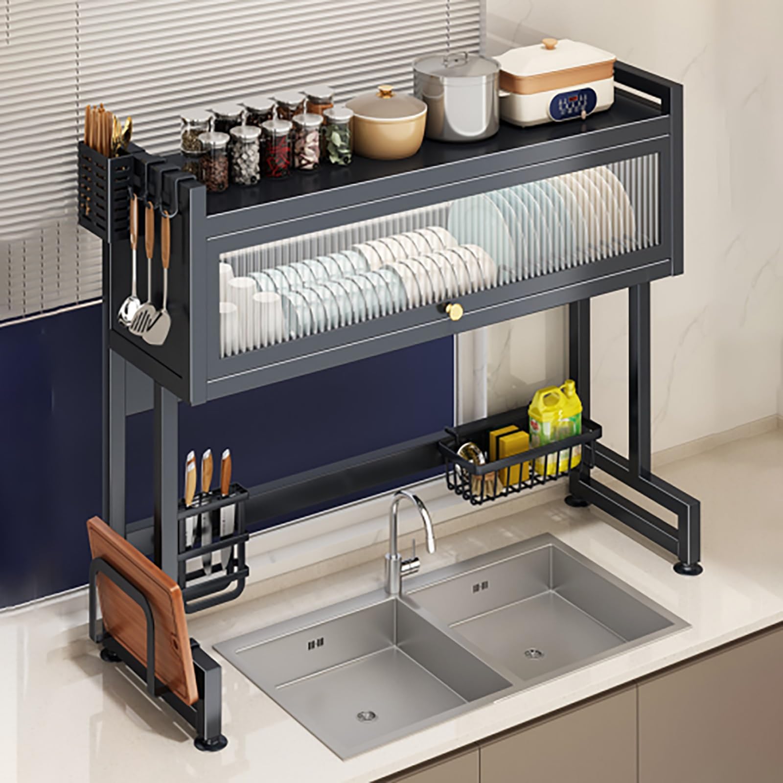 Abtropfgestell über der Spüle,Abtropfgestell für Küchentheke,Weiß/Schwarz | Mit Staubschutzabdeckung,mit Abtropfgestell,65/75/85/95/105cm,für Teller Tassen Topfdeckel.(Nero,95x30x80cm)