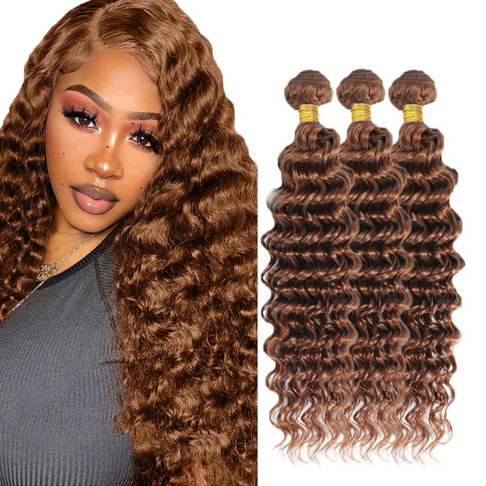 Tuheerst #30 Light Brown Bundles Human Hair Deep Wave Weave 3 Bundles Total 150g Doubles Weft Unprocessed Glueless Human Hair Extension For Women 22 24 26 Inch