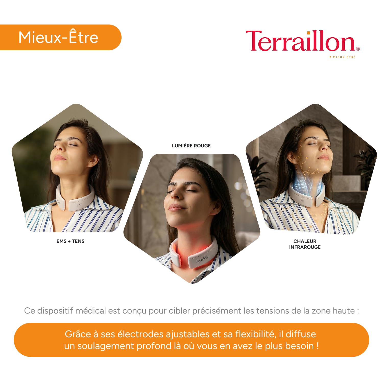 TERRAILLON - Masseur Cervical Coussin de Nuque Massant, Programmes TENS & EMS, Chauffant, Lumière Rouge, Soulage les Douleurs, Réduit les Tensions, 6 Modes, 16 Intensités, USB-C, NECK CARE +