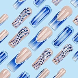 BABALAL Long Press on Nails Square Fake Nails Blue Ocean Beach Acrylic Nails 3d Texture Blue Wave Summer False Nails French Tip False Nails 24Pcs Squoval Glossy Full Cover Stick on Nails