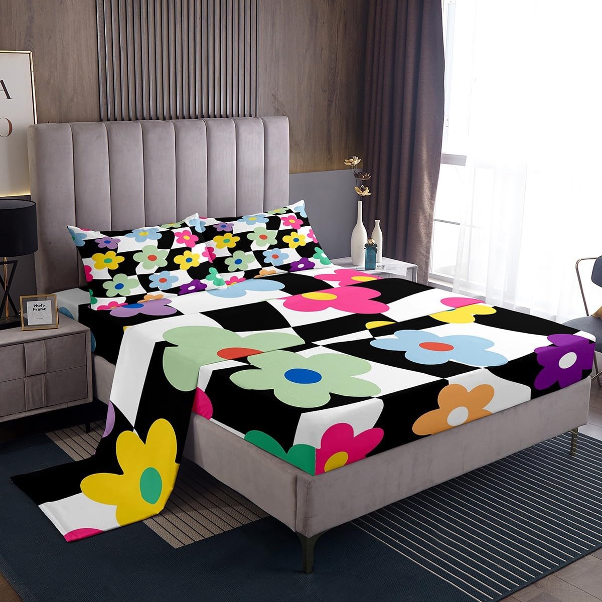 Feelyou Hippie Peace Art Bed Sheets Set Rainbow Sheet Set Room Decor Cartoon Retro Hippie Flower Love and Peace Sign Artwork Sheets with Deep Pocket Fitted Sheet Queen Size Colorful Bedding Set 4Pcs