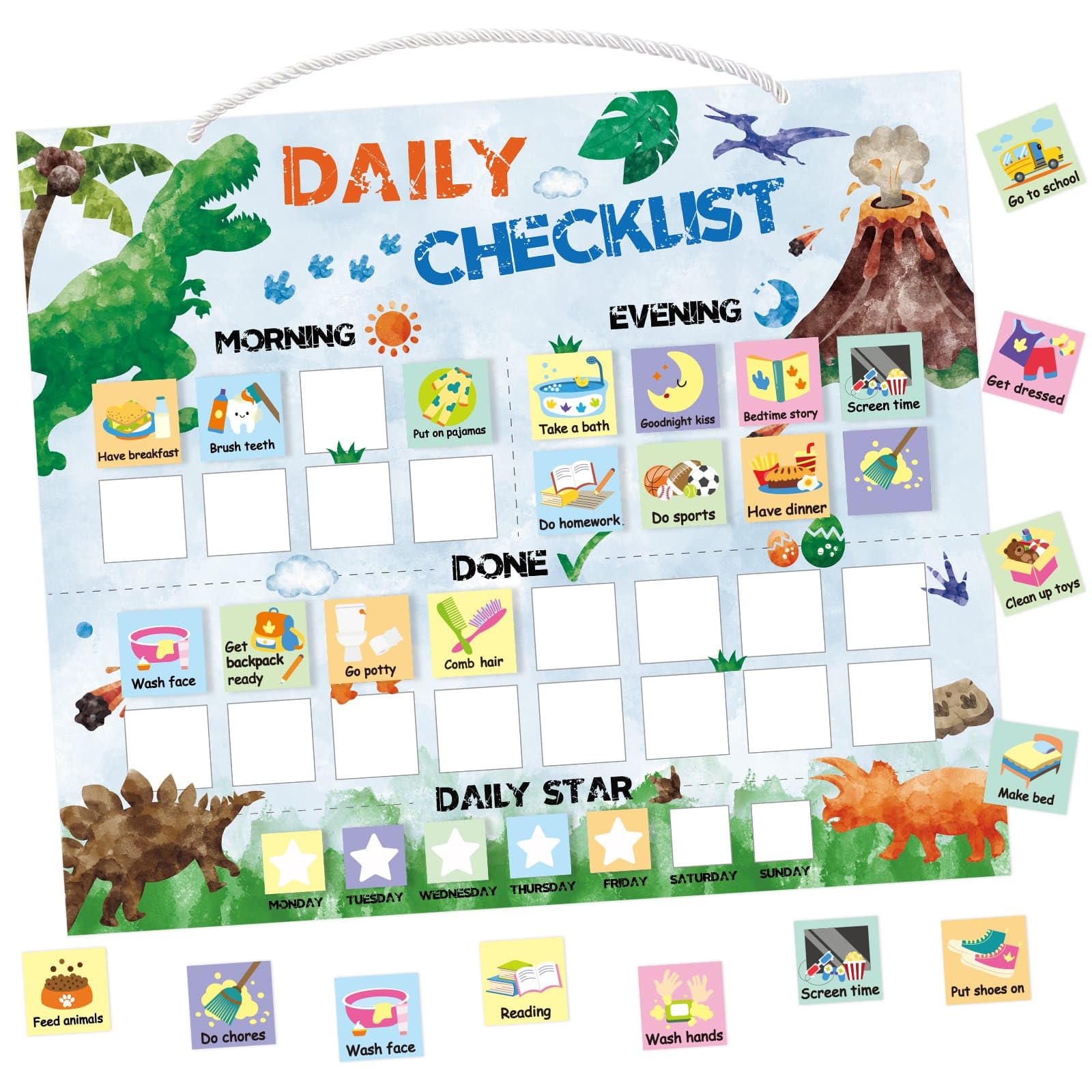 Dinosaur Routine Chart for Kids - Daily Visual Schedule for Reward Chart, Chore Chart, Behavior Chart, Responsibility Chart for Boys/Girls’ Fridge Home School Supplies