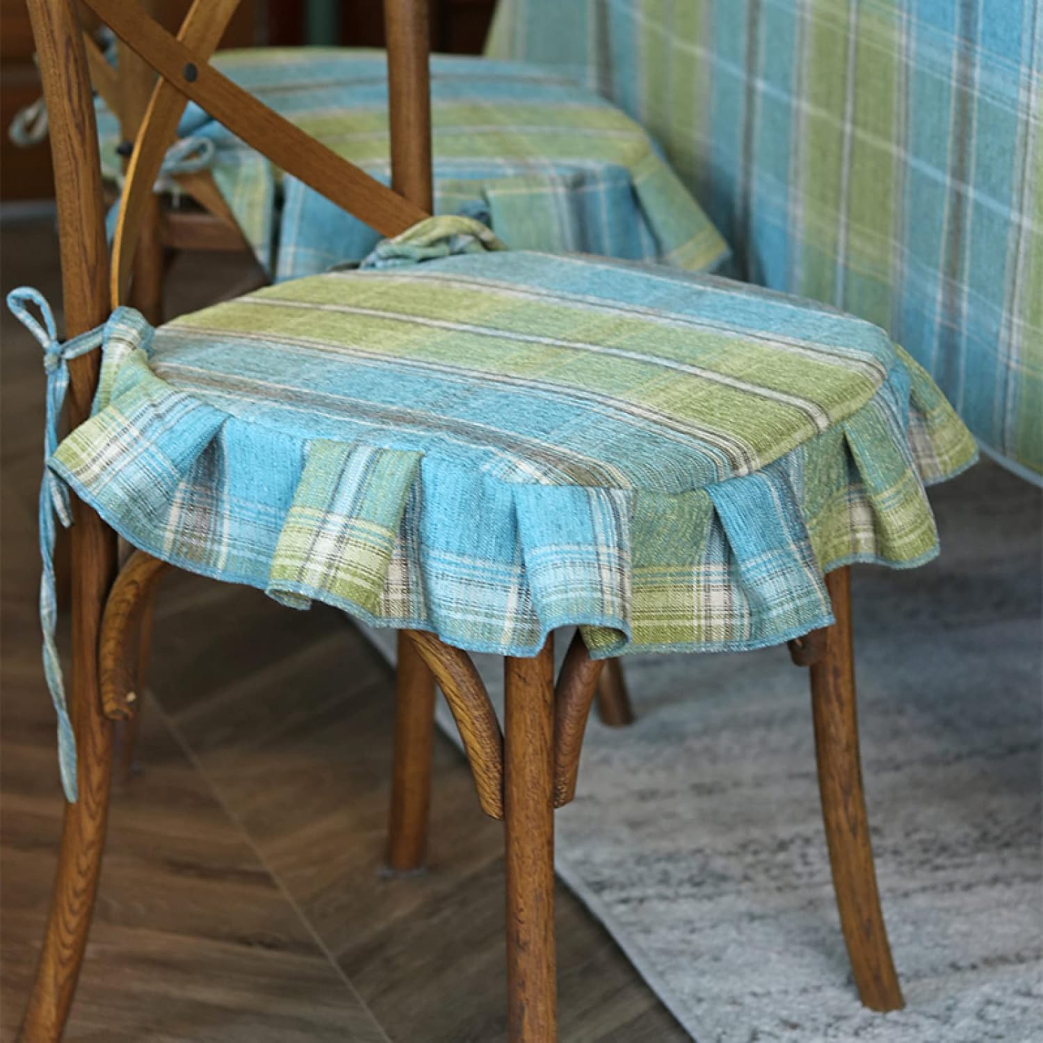 U Shaped Ruffled Chair Cushion with Ties Country Style Checked Kitchen Dining Chair Pad Non Slip Seat Cushion with Removable Cover, Green