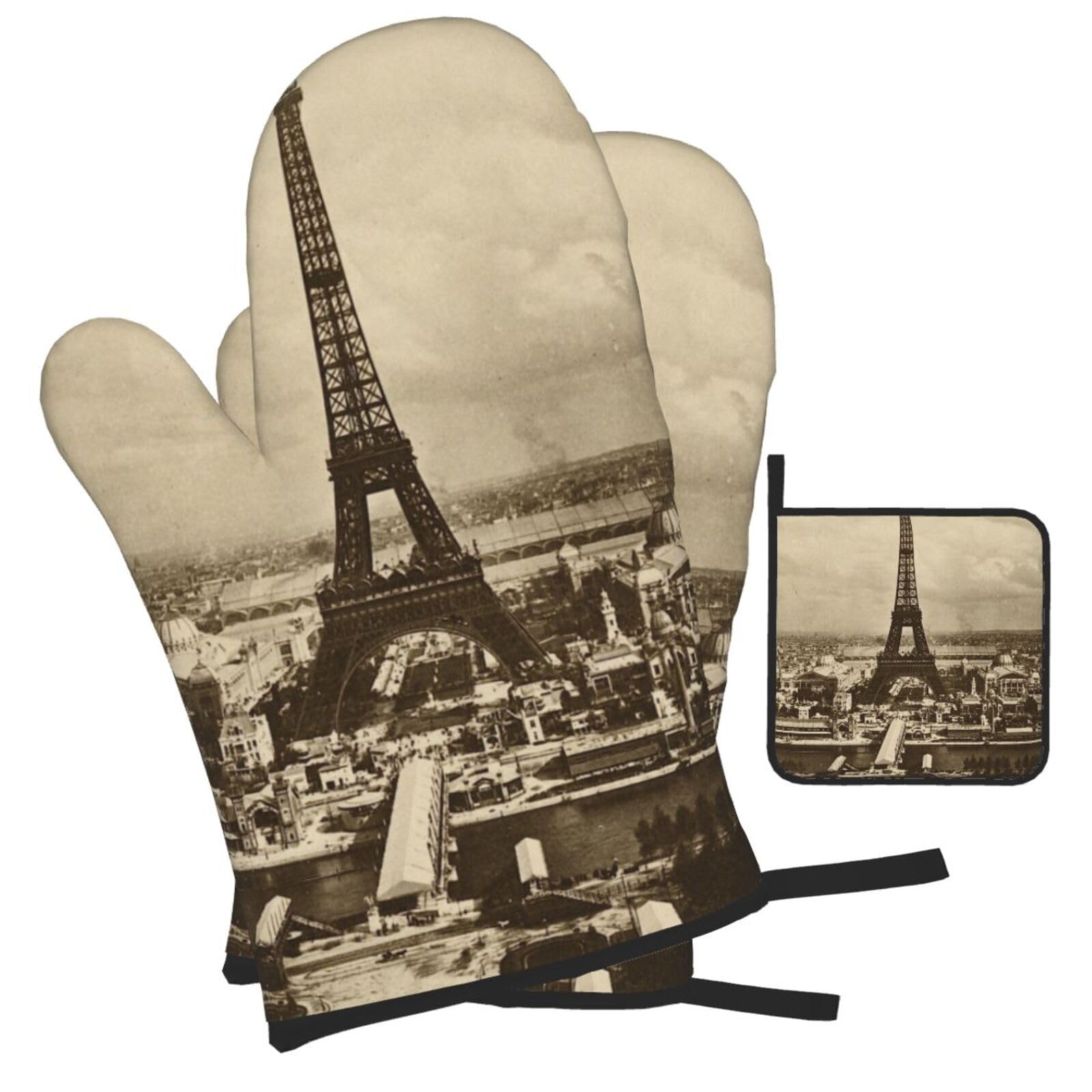 Paris Eiffel Tower Printed Oven Mitts and Pot Holders Heat Resistant Set of 3 Pcs, Modern Kitchen Gloves & Potholders for Cooking Baking Grilling