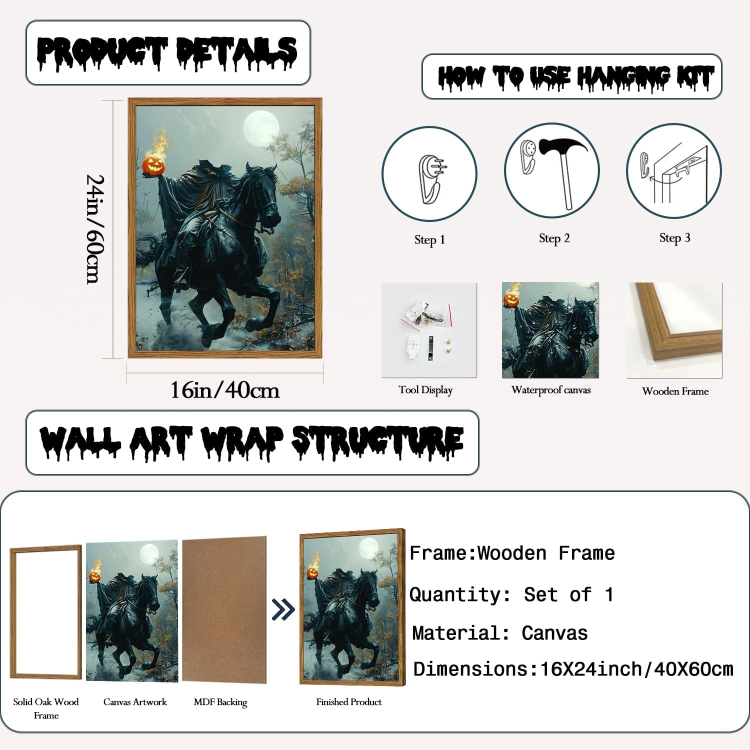 Framed Vintage Halloween Canvas Wall Art, Headless Horseman Pumpkin Wall Decor Paintings, Gothic Dark Academia Pictures Prints Spooky Fall Forest Home Decor for Living Room Bedroom 16x24 inch