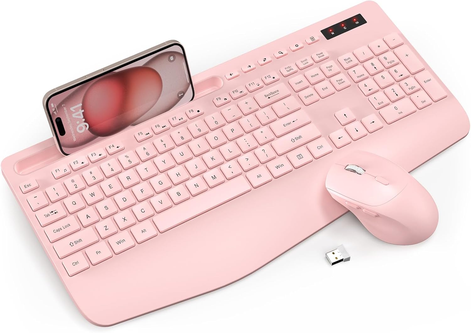 Wireless Keyboard and Mouse Combo - Full-Sized Ergonomic Keyboard with Wrist Rest, Phone Holder, Sleep Mode, Silent 2.4GHz Cordless Keyboard Mouse Combo for Computer, PC, Laptop, Mac, Windows -Trueque 1 PACK Light pink