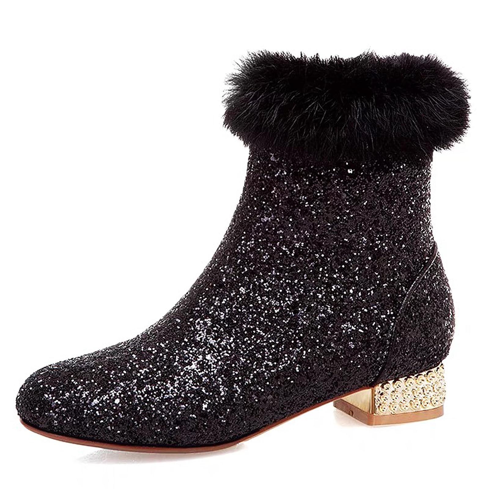 FIFSY Women Sequin Ankle Boots Low Heel Sparkly Glitter Booties