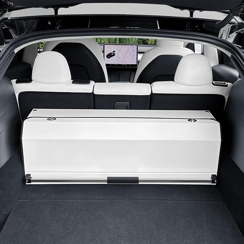 Organizador de Porta-malas para Tesla Model Y 2022–2023, em couro sintético, dobrável, com tampa, divisória e alça retrátil, branco
