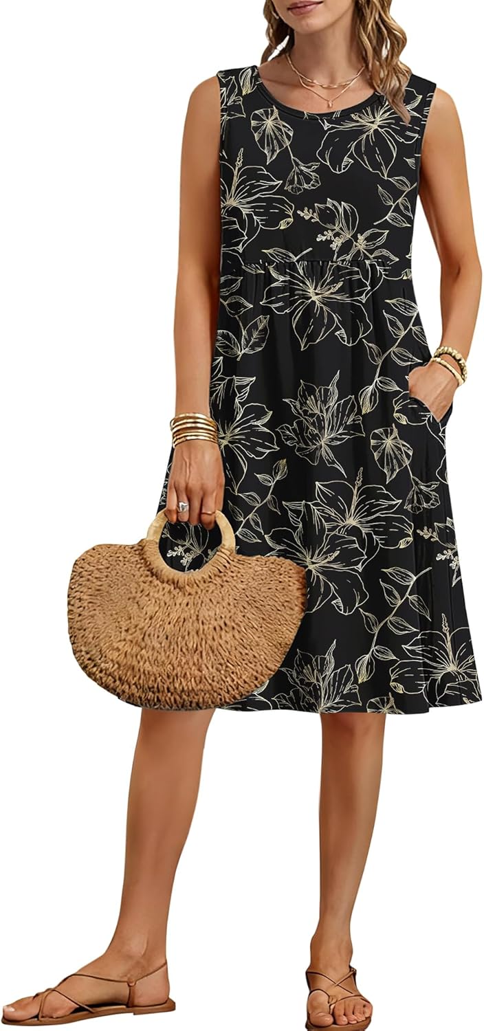 AUSELILY Summer Knee Length Dress Women A Line Sleeveless Loose Sundress Crew Neck Dress 2026 New