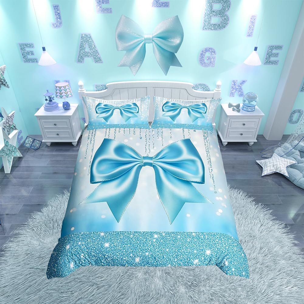 Loussiesd Kids Cute Bowknot Bedding Set King Size Dreamy Princess Comforter Cover Boys Girls Glitter Duvet Cover Blue Bow Teens Bedspread Cover Bed Set with 2 Pillow Case