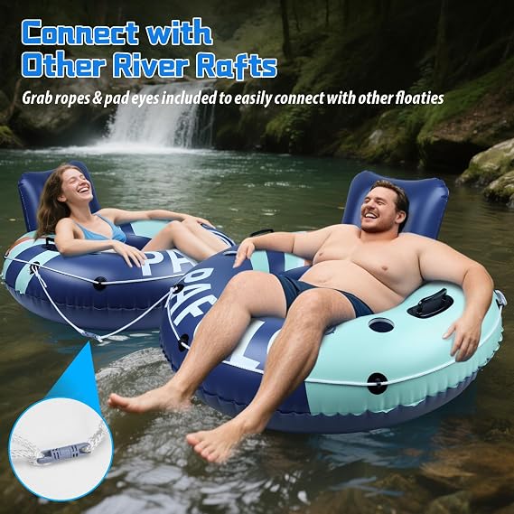 Inflatable River Tube Float, Pool Float Adult, River Tubes for Floating Heavy Duty with Mesh Bottom, Comfortable Backrest & 2 Cup Holders & Durable Grab Handles,450 lbs Weight Capacity