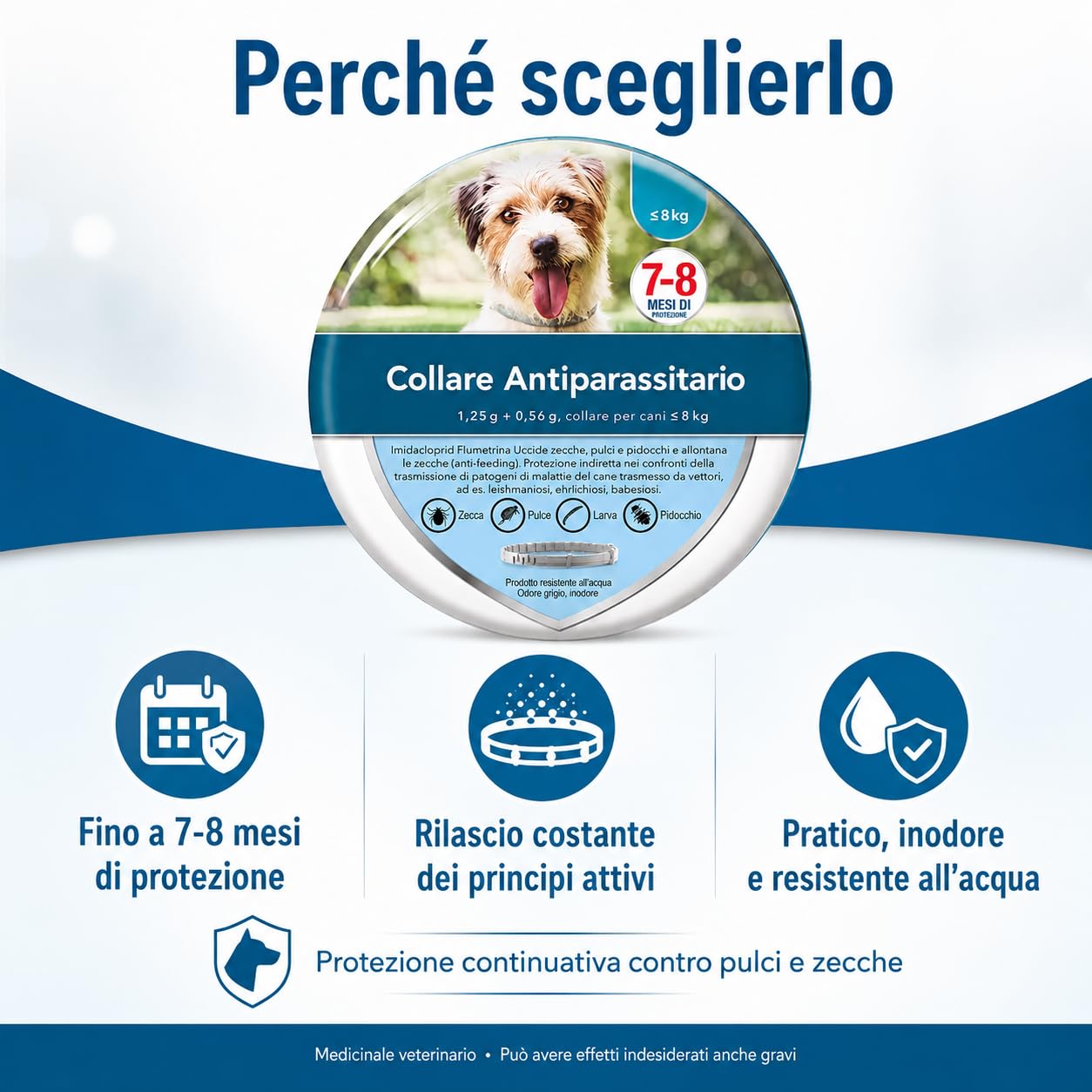 Collare Antiparassitario per Cani Piccoli fino a 8 kg, Protezione da Pulci e Zecche fino a 8 Mesi, Medicinale Veterinario Inodore con Imidacloprid e Flumetrina