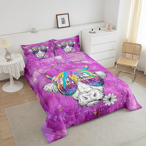 Miniatura 3 de Erosebridal Juego de edredón de ganado de las tierras altas, juego de ropa de cama de cielo estrellado para niñas, tamaño King, juegos de edredón de