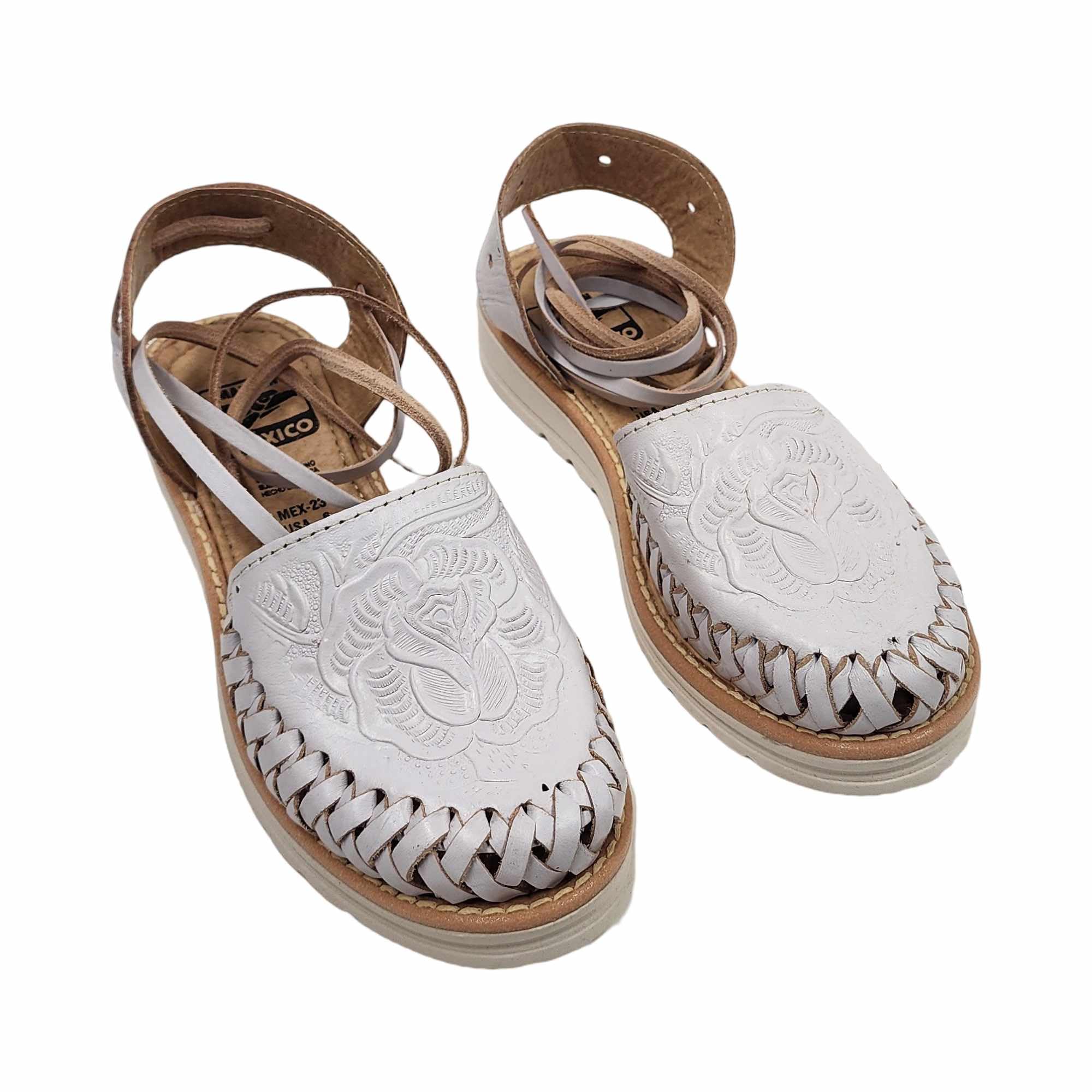 Women’s Wrap Up Leather Sandals, Authentic Mexican Huaraches Handtooled Flower Design