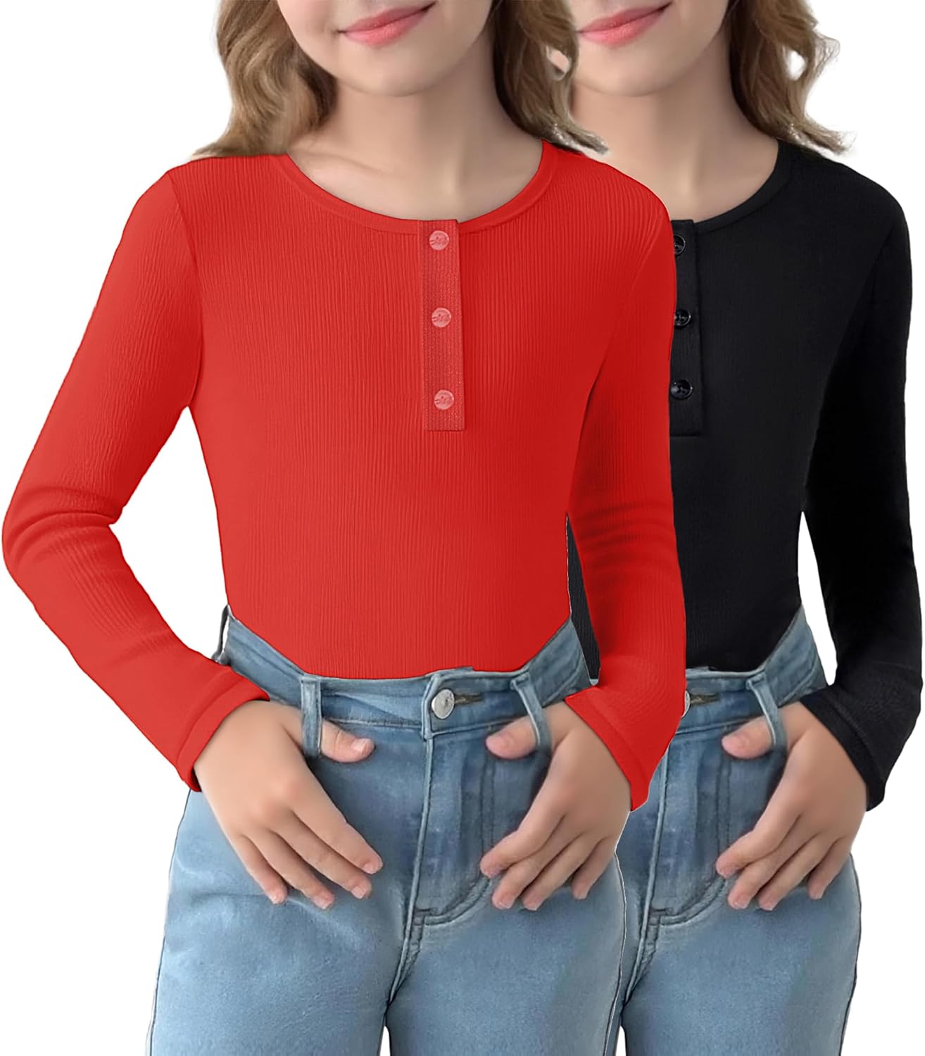 Arshiner 2 Pack Girls Long Sleeve Henley T Shirts Button Down Slim Fit Tops Round Neck Ribbed Knit Shirts