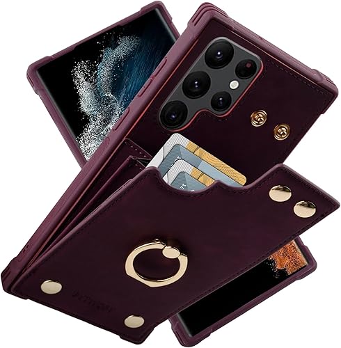 Funda tipo cartera compatible con Galaxy S22 Ultra 5G con tarjetero de crédito, funda de cuero compatible con anillo de rotación de 360 y bloqueo