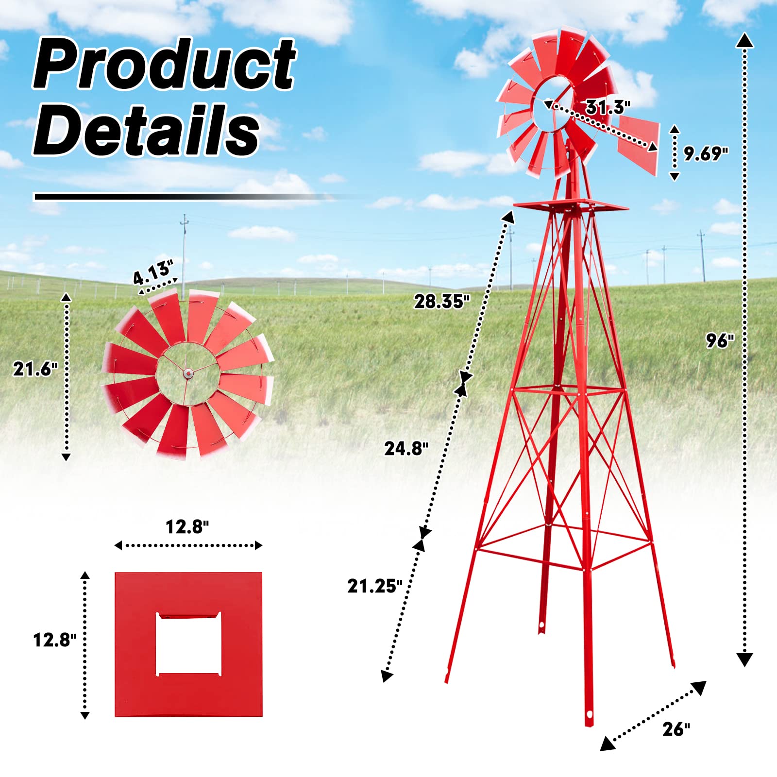 Crownland 8FT Ornamental Windmill Backyard Garden Decoration Weather Vane,  Heavy Duty Metal Wind Mill Weather Resistant 4 Legs Design (Red)