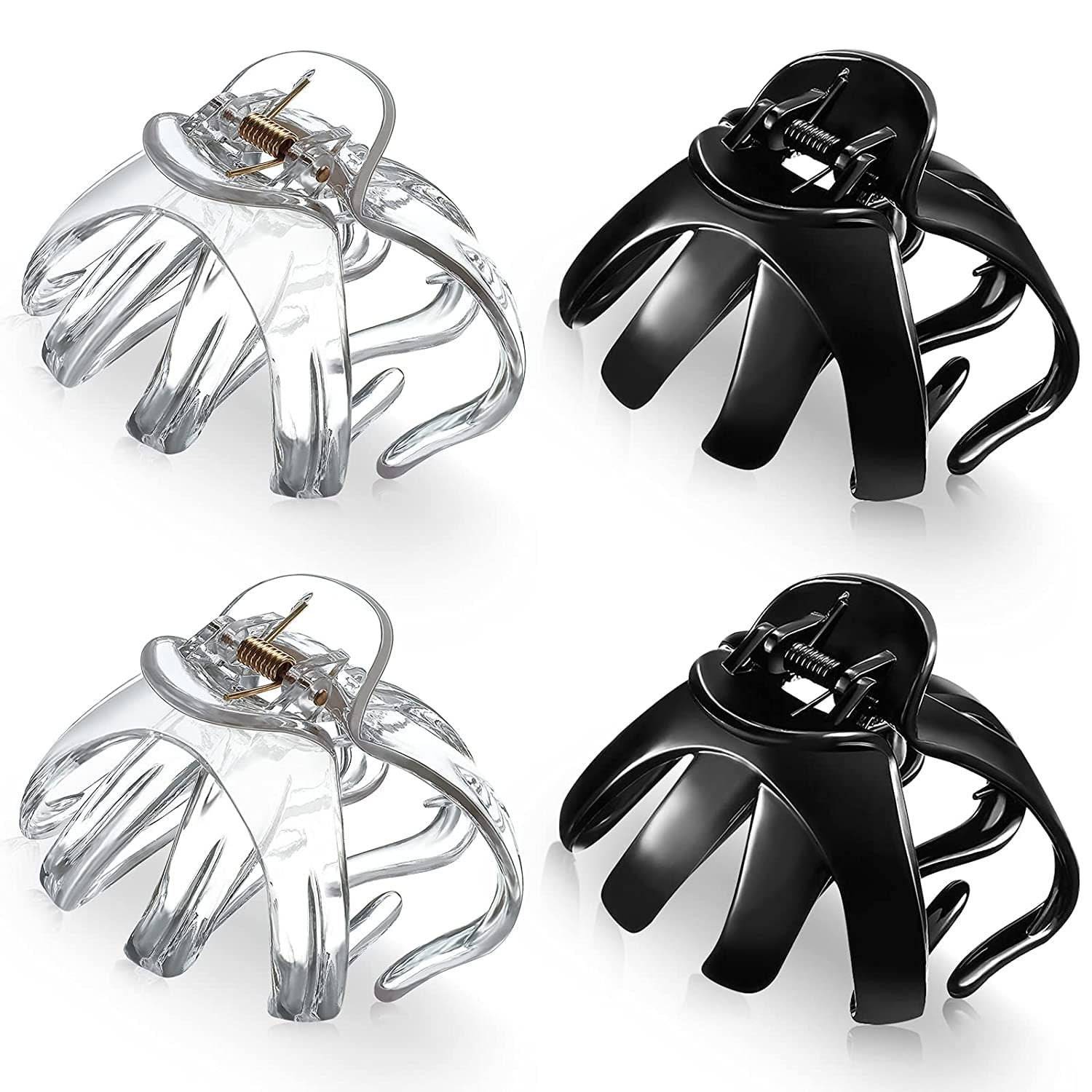 KASTWAVE 4 Pieces Large Grip Octopus Clip, Spider Hair Claw Octopus Jaw Hair Claw Clips, Hair Jaw Clips Strong Hold Jumbo Hair Clip for All Hair Types for Thick Hair (Black, Clear, 8.5 cm)