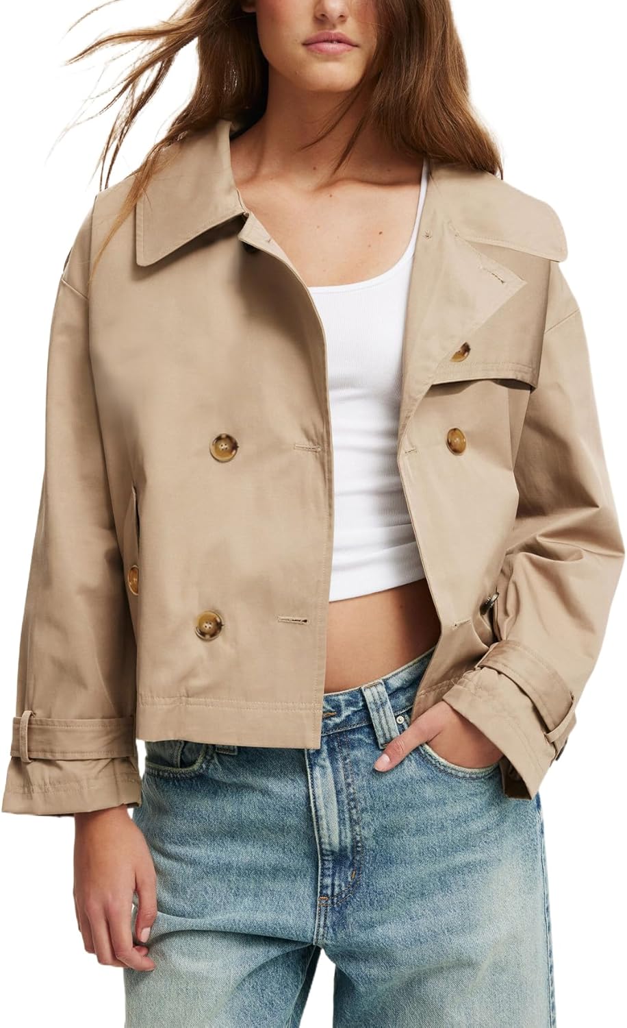 Kedera Cropped Trench Coat for Women Double Breasted Notched Lapel Casual Fall Jackets Loose Short Jacket Belted Cuffs