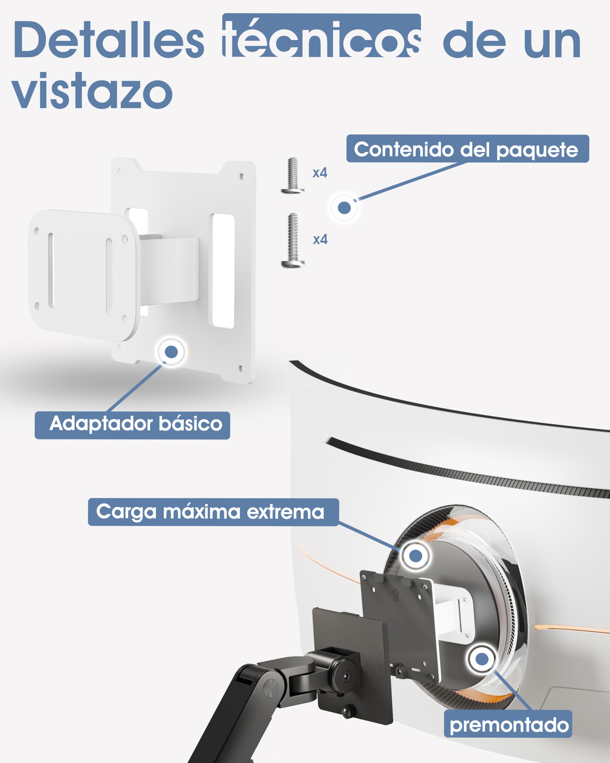 3IDEE Adaptador VESA Compatible con Monitor Samsung Odyssey G9, Neo G9, G8, Neo G8 y más - para Monitor Curvo de 49/57 Pulgadas - Capacidad de Carga Extrema de hasta 30 kg - VESA 100x100 - Blanco