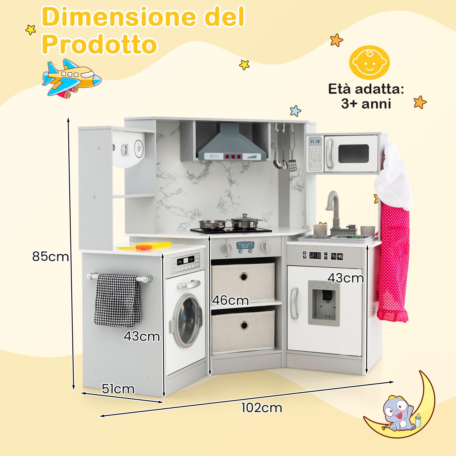 GYMAX Cucina da Gioco ad Angolo, Cucina Giocattolo in Legno con Luci e Suoni Realistici, Sistema di Circolazione dell'Acqua, Lavatrice e Accessori, per Bambini dai 3 Anni+ (Grigio)