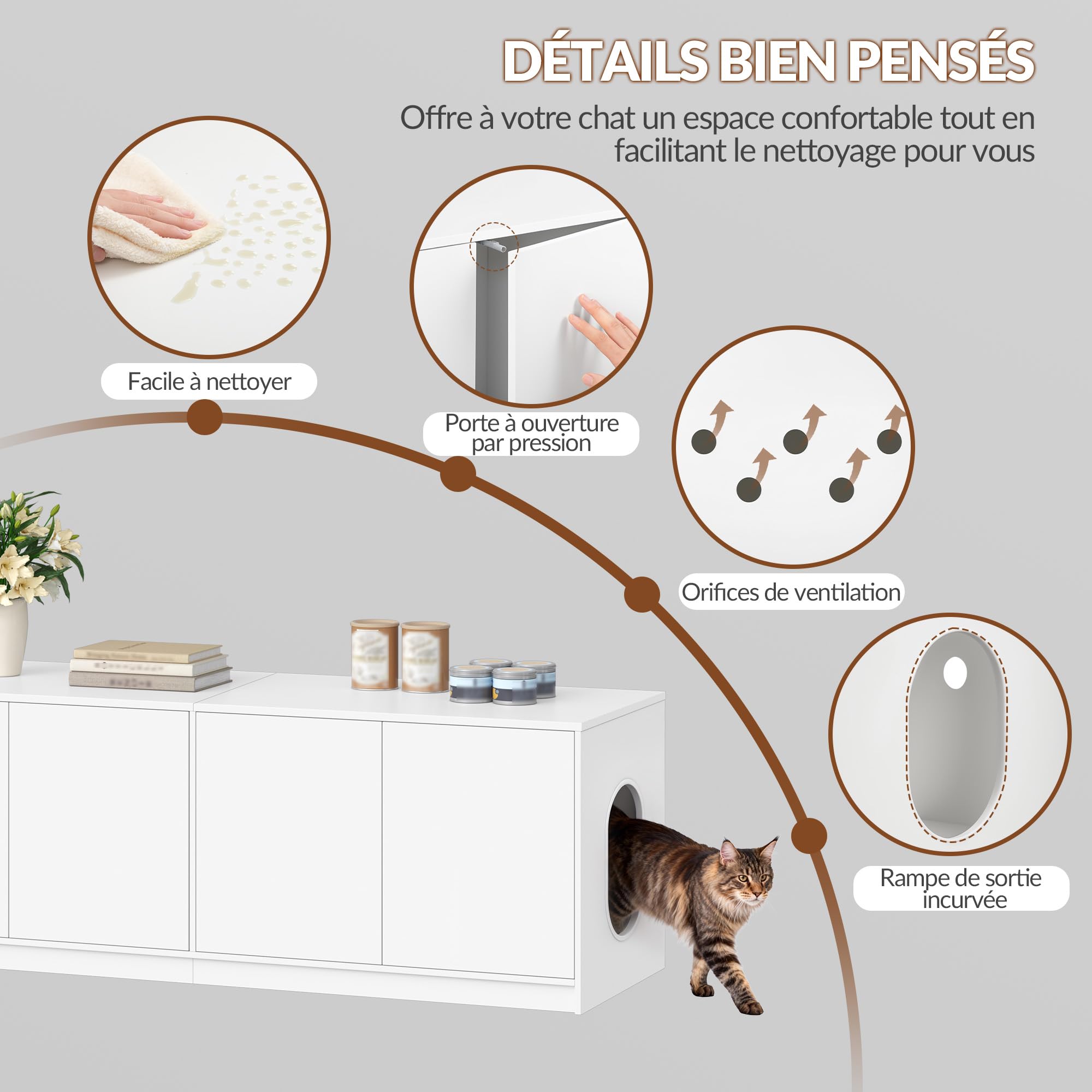 Meuble Litiere pour 2 Chats, 120 x 50 x 51,5 cm, Blanc