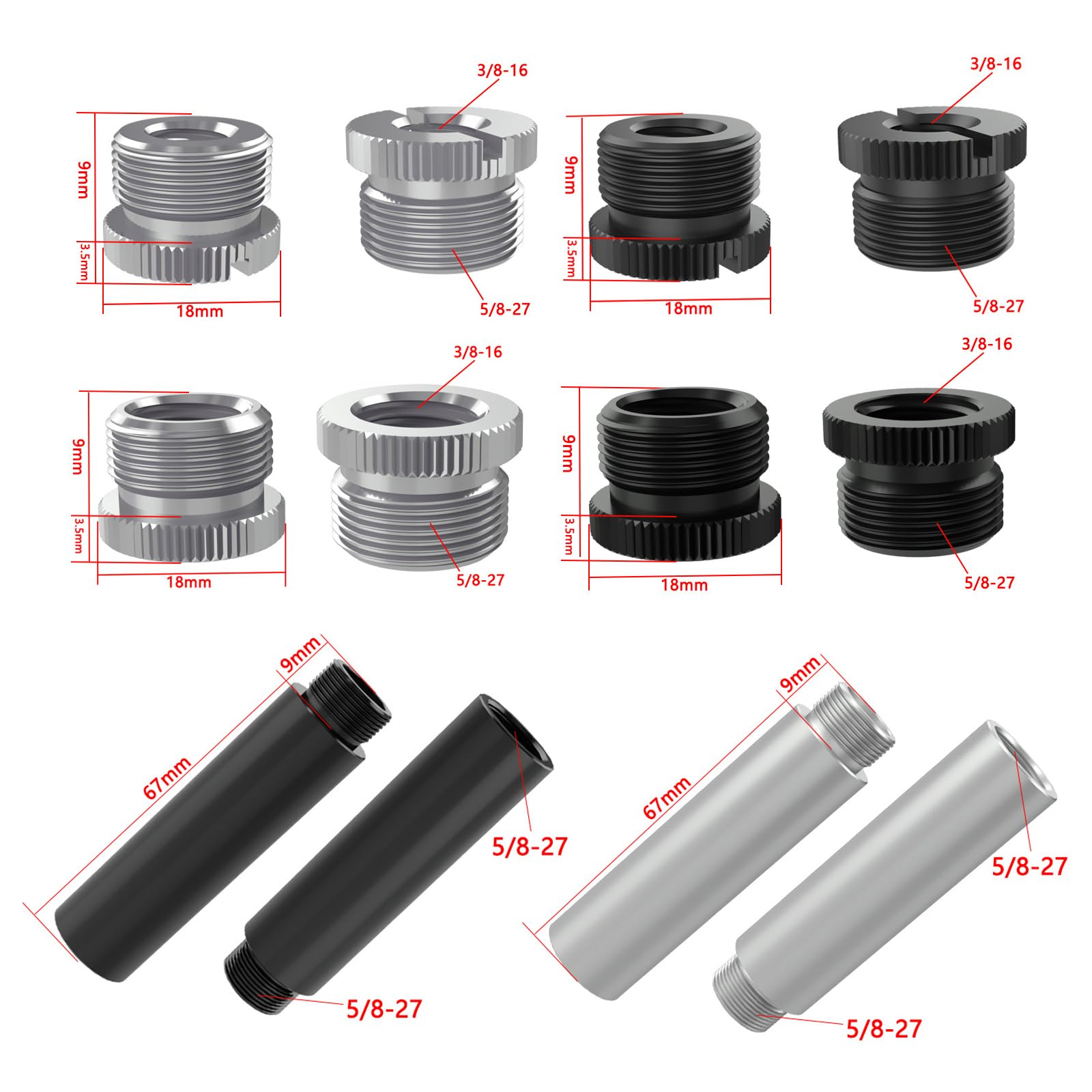 2Pcs Microphone Extension Tubes and 4 Pcs Mic Thread Adapter (3/8 Female to 5/8-27 Male), Mic Stand Extender - Image 2