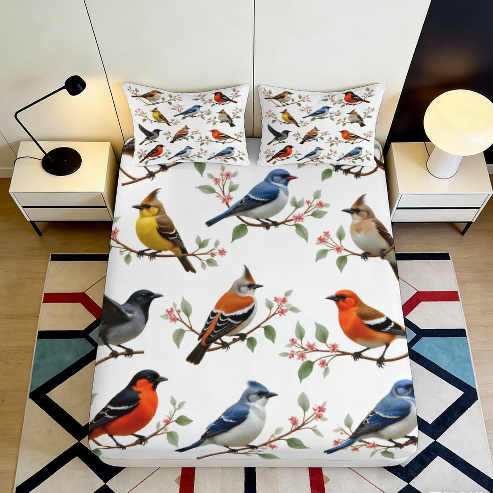 3D Printed Colorful Bird Fitted Sheet Microfiber Soft Breathable Branch Pattern Mattress Cover for Bedroom Guest Room 90x200x25cm