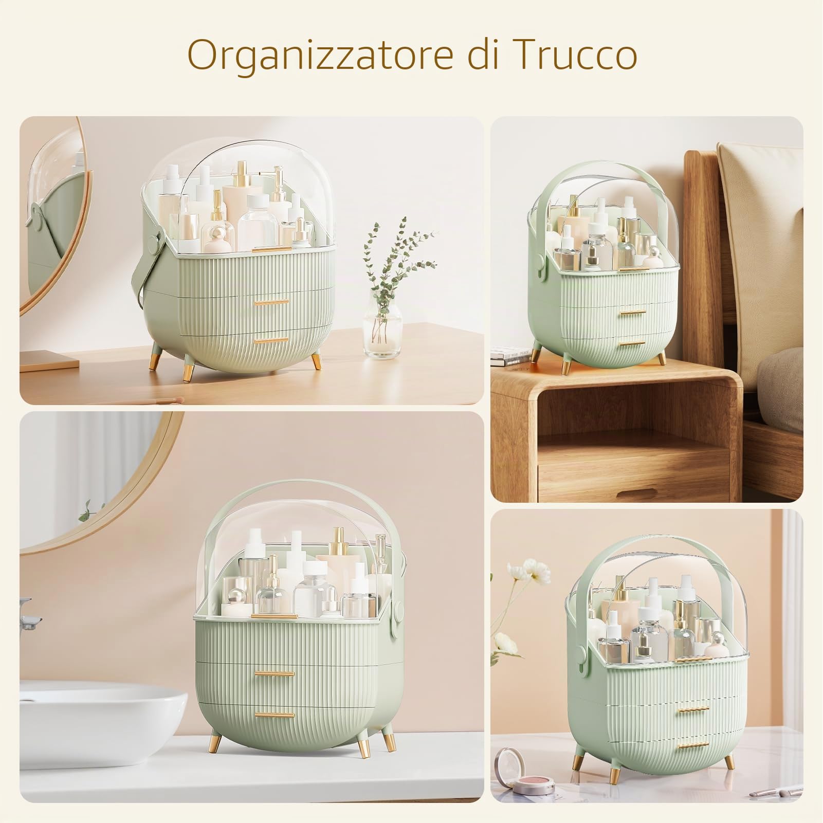 Scatola di trucco multifunzionale antipolvere per cosmetici, organizer per cosmetici, prodotti per la cura della pelle, scrivania, nuova versione (verde menta)