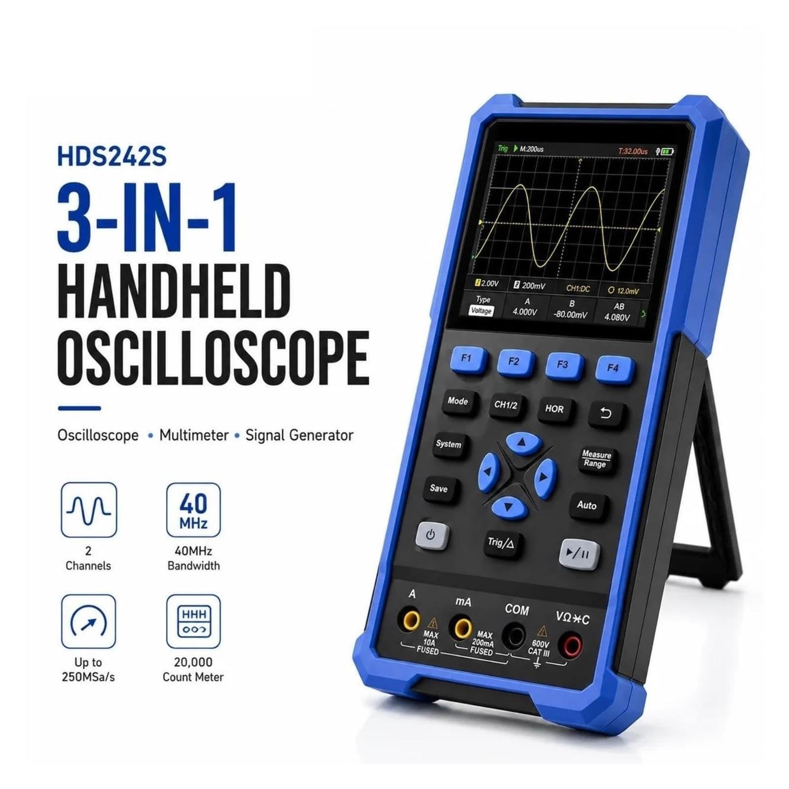 Osciloscopio digital, Osciloscopio portátil 3 en 1, multímetro generador de señal 40MHz, 2 canales, 250MSa/s, LCD a color,8