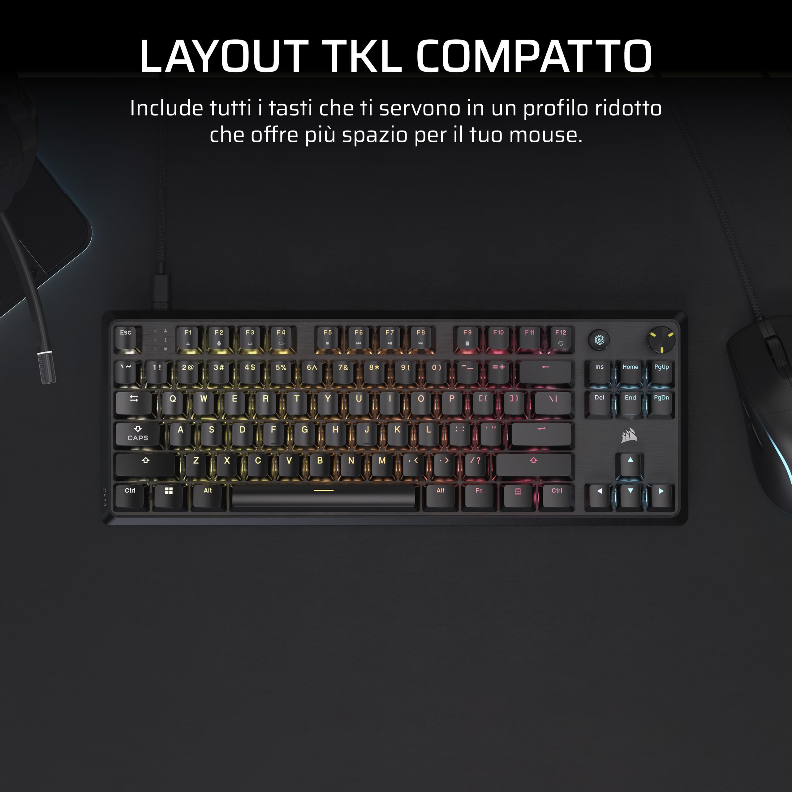 CORSAIR K70 CORE TKL RGB Tastiera da Gioco Meccanica Tenkeyless – Interruttori Lineari CORSAIR MLX Red v2 Pre-Lubrificati – SOCD – Smorzamento del Suono – Coprichiavi in ABS – QWERTY IT – Nero