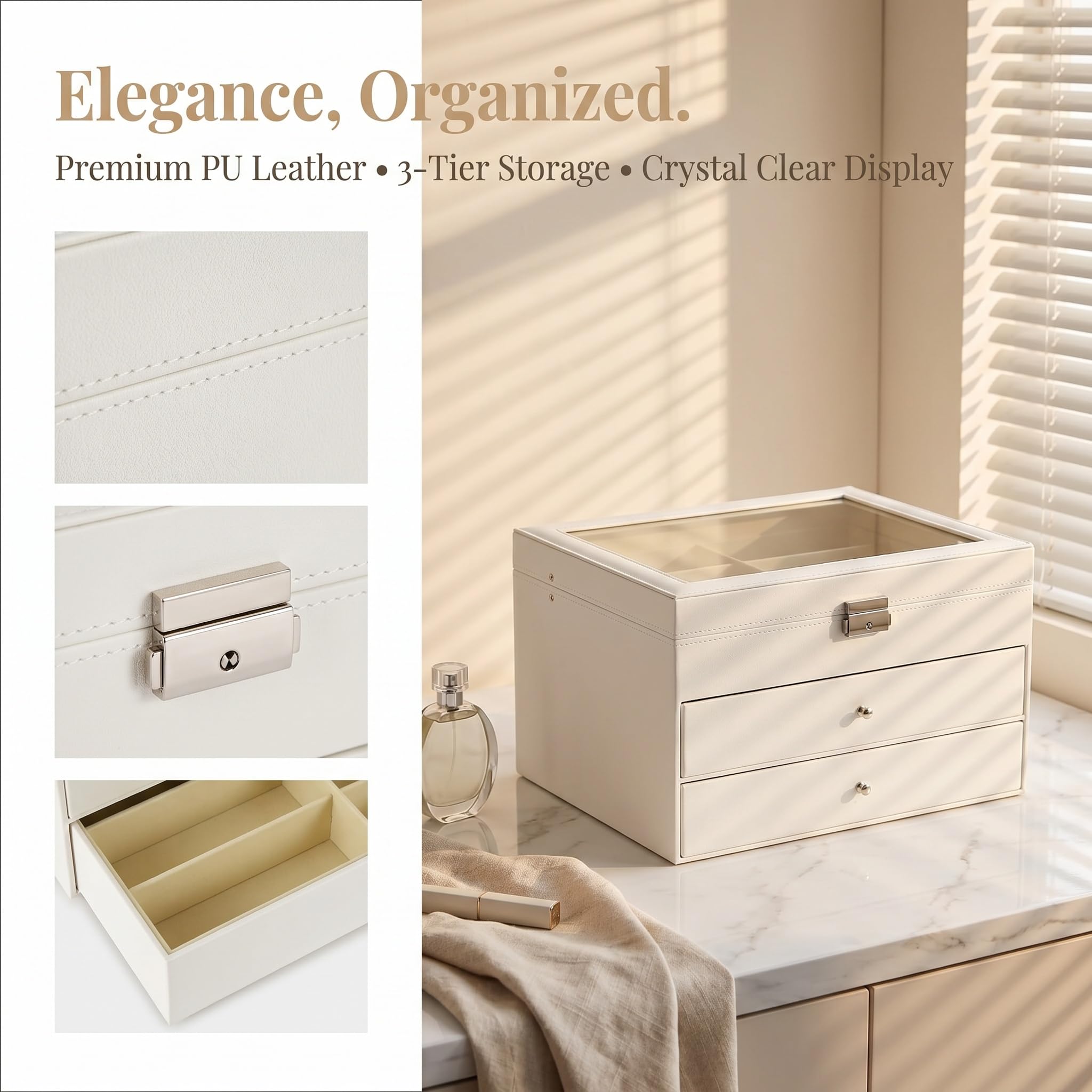 Estuche Expositor Blanco De 3 Capas para Gafas, Organizador De Gafas De Sol De Piel Sintética con 24 Ranuras, Elegante Estuche para Guardar Gafas para Hombres Y Mujeres, Caja
