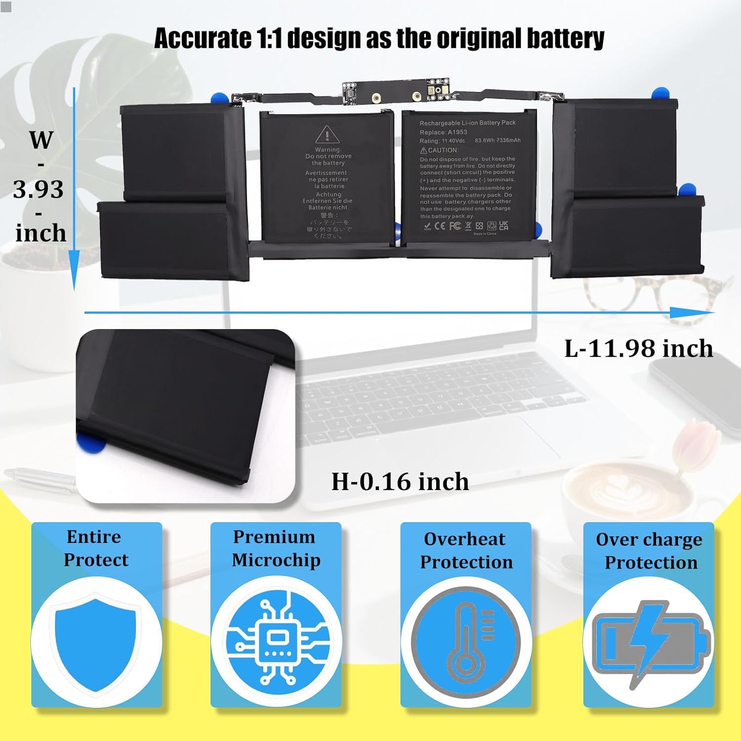 A1953 A1990 Battery Replacement for MacBook Pro 15 Inch Mid 2018 2019 EMC 3215 3359 Series Laptop Battery MV902LL/A MV912LL/A MV922LL/A MV932LL/A MV942LL/A MV952LL/A MV962LL/A 83.6Wh