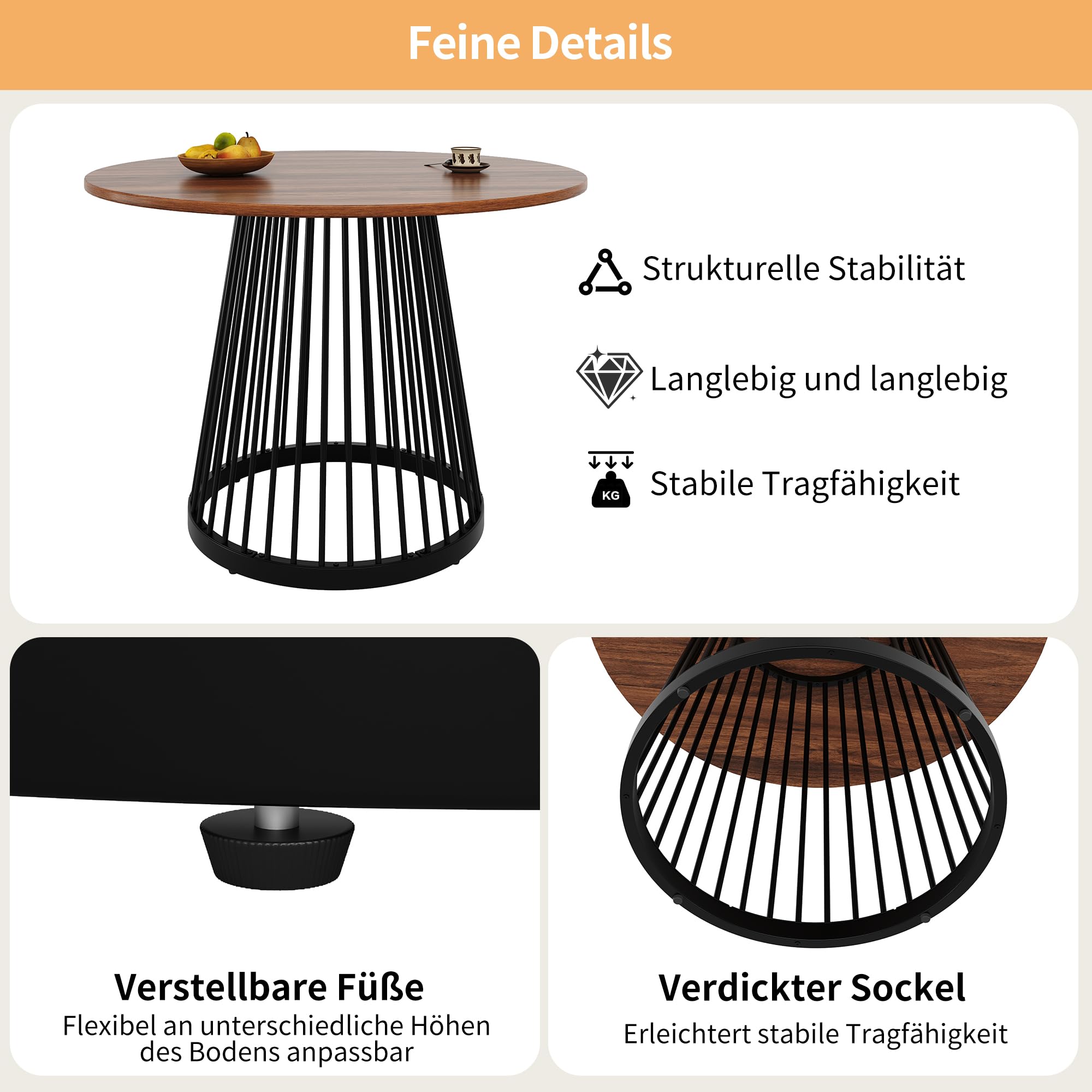 Merax Runder Esstisch 80×80×76cm, für 2-4 Personen, Kleiner Tisch für Wohnzimmer Küche Esszimmer, Walnussfarbener MDF-Platten, verstellbare Eisen Tischbeine, Metallrahmen
