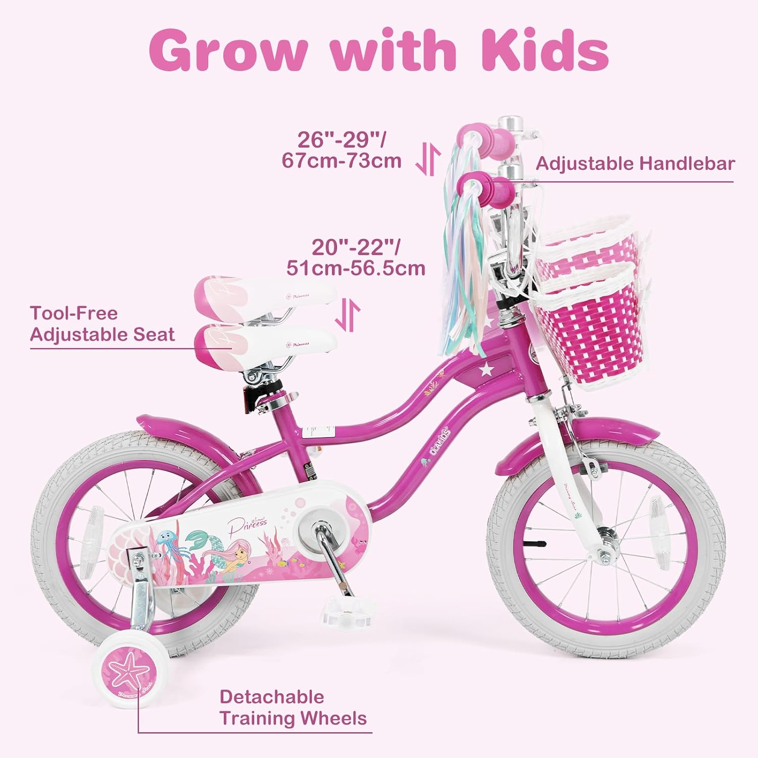 Olakids Kids Bike, 12 14 16 18 20 Inch Mermaid Theme Girls Bicycle with Training Wheels Basket Adjustable Seat and Handlebar Dual Brake
