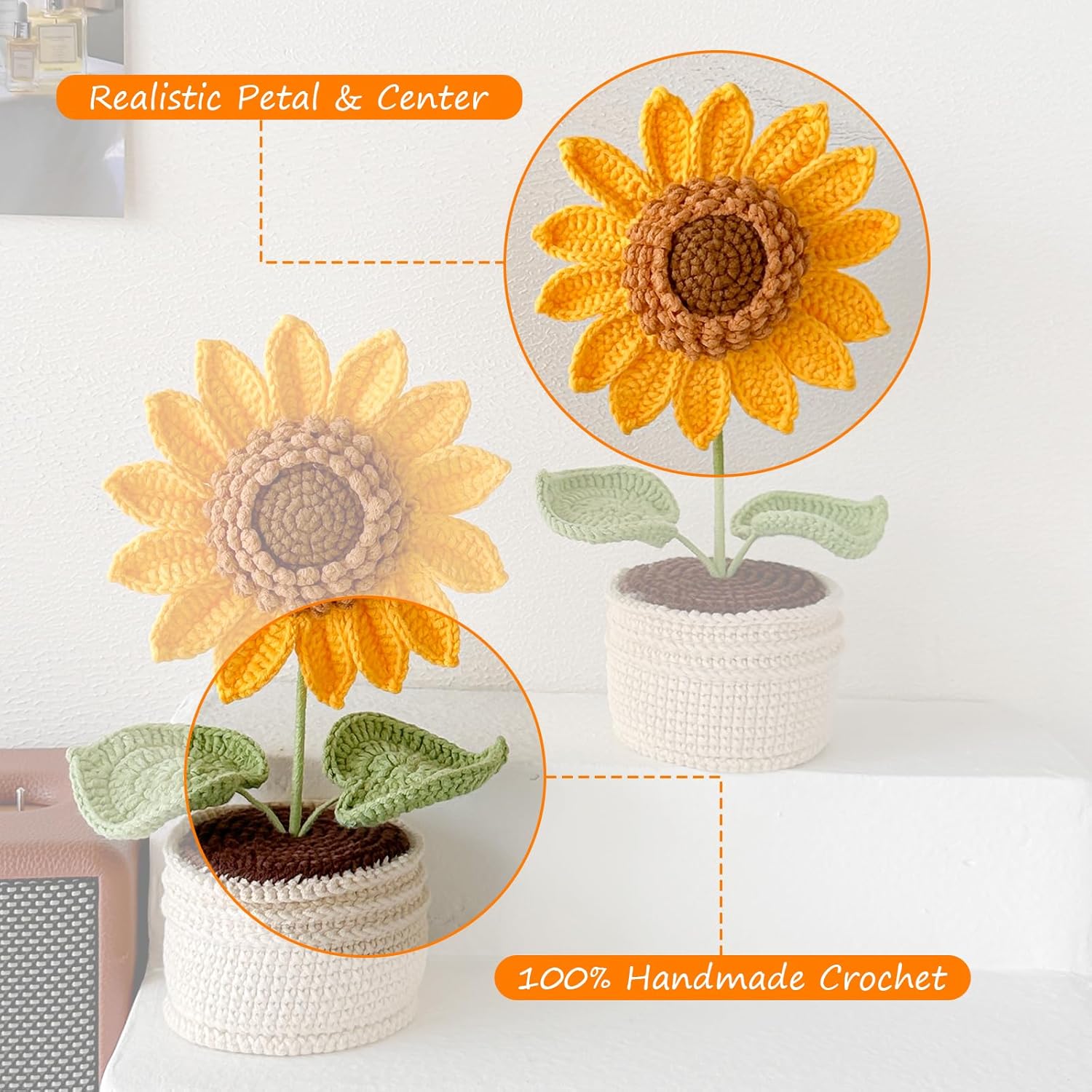 Kiyarnmi Handmade Crochet Sunflower Bouquet Potted Plants for Mother's Day, Birthday, Anniversary, Girlfriend, Friend, Teacher, Home & Office Desk Decor