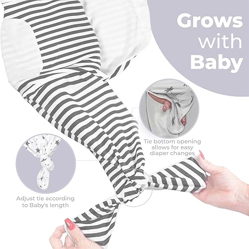 Miniatura 4 de Conjunto de 3 mantas y gorro de velcro ajustable con lazo orgánico anudado en la parte inferior, saco de dormir para recién nacido (0.0-9.8 ft, 7-14