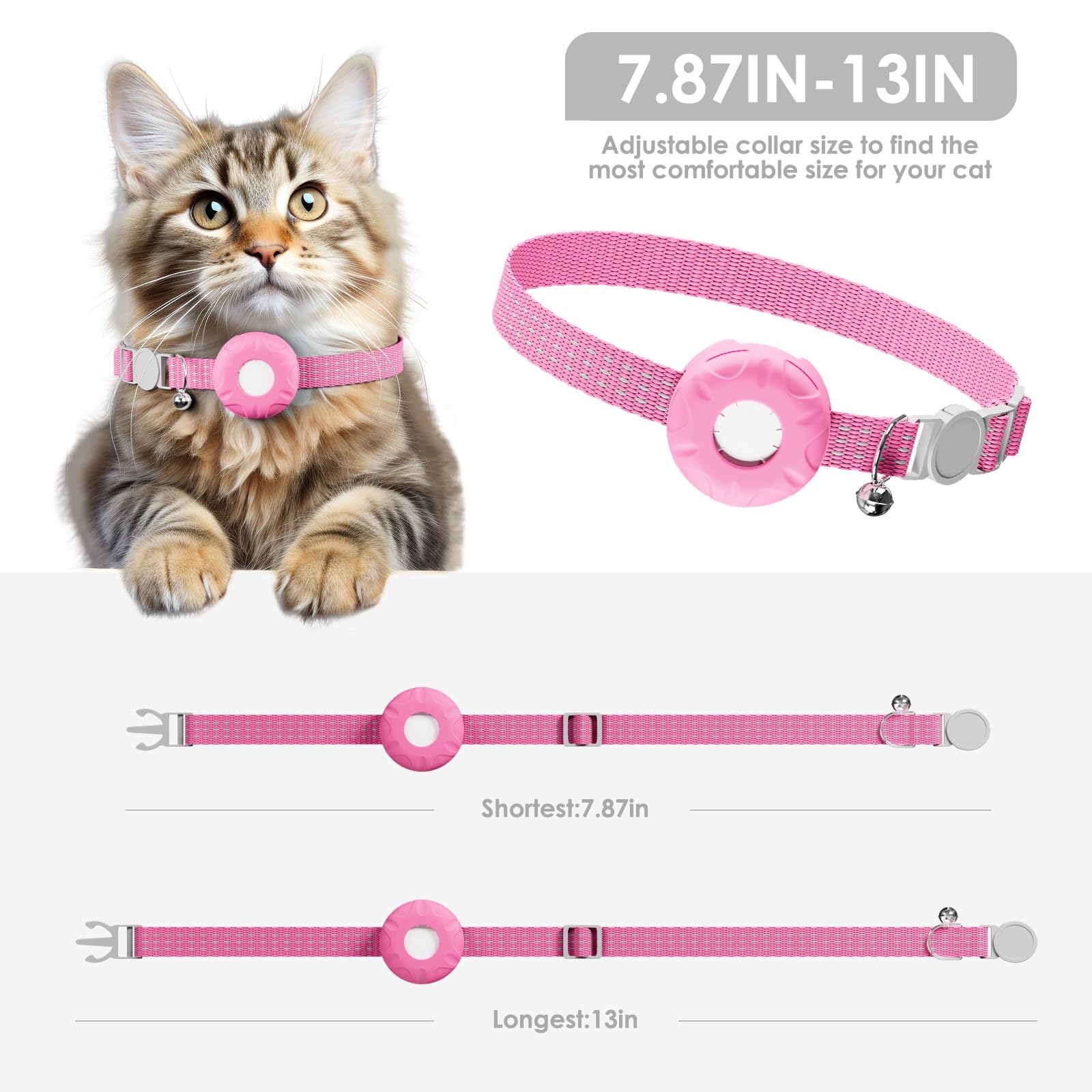 Localizzatore GPS per gatti, compatibile con Apple Find My App (solo iOS), collare impermeabile per gatti con campanello e fibbia elastica di sicurezza, senza canone mensile, avvisi intelligenti, rosa