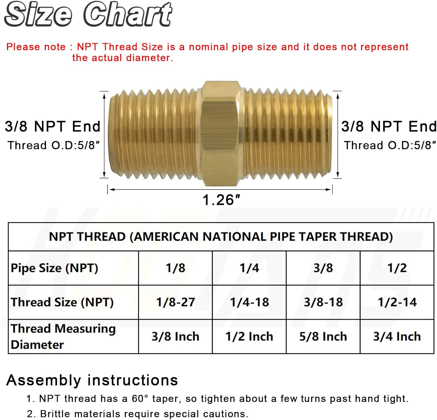 KOOTANS 3/8 NPT x 3/8 NPT Male Solid Brass Nipples Heavy Brass Pipe Adapter Fittings Equal Hex Nipple Connectors 4Pieces