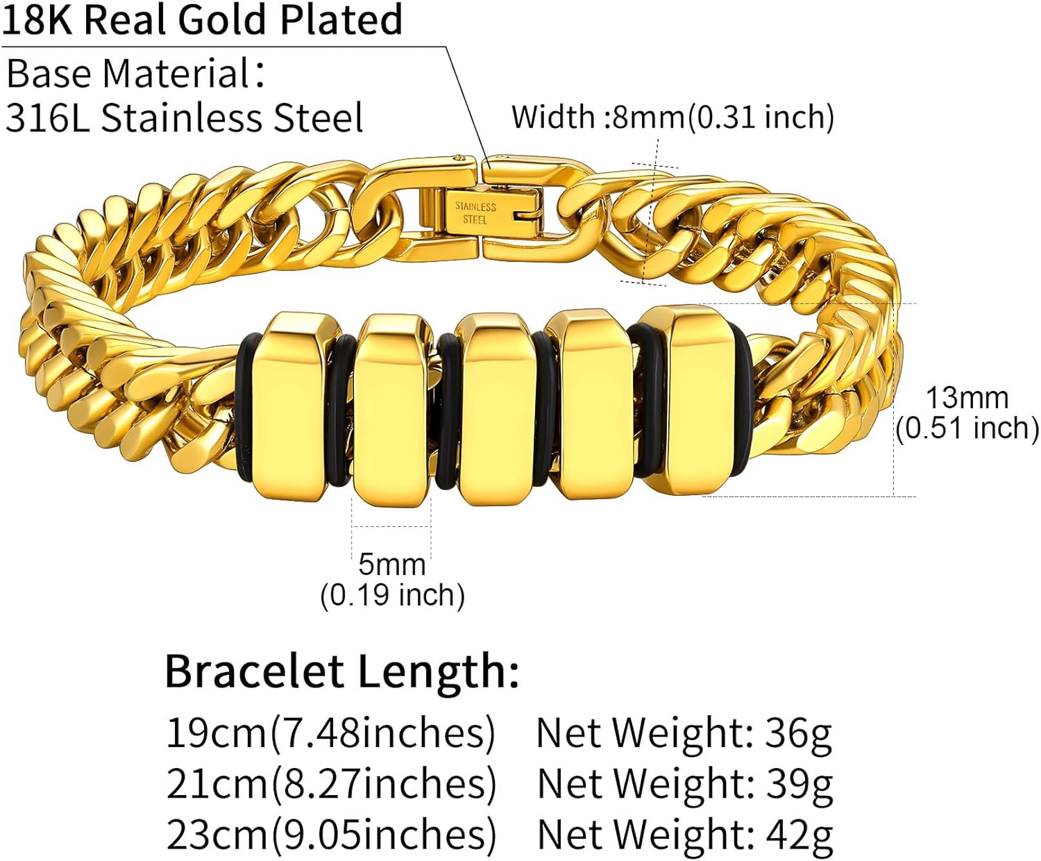 ChainsHouse Personalized Steel/Gold/Black Stainless Steel Cuban Link Bracelet for Men,Adjustable 8mm&12mm Width with Engraved Name Beads Premium Gift for Dad Husband Valentines Father Day