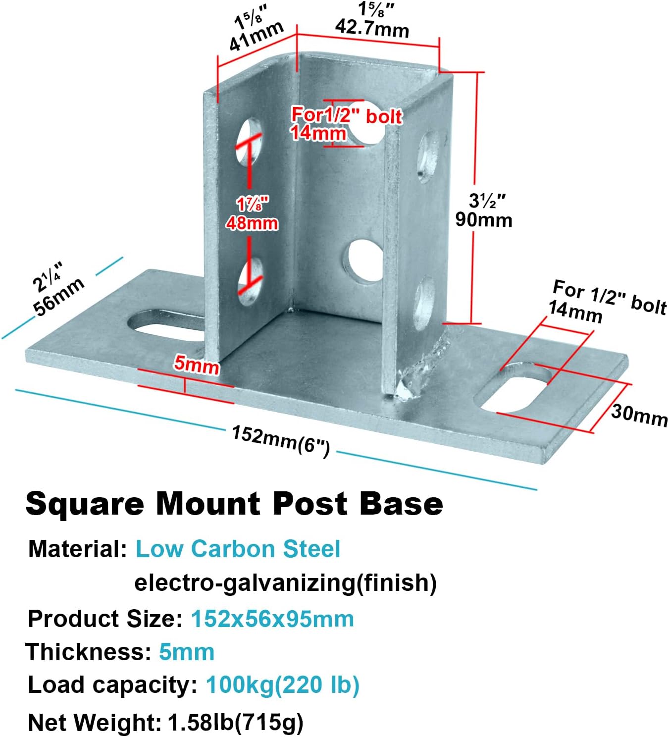 4 Pack 2 Slot U Post Base for 1-5/8" Square Strut Channel, Ground Floors Mount, 3/16" Thick