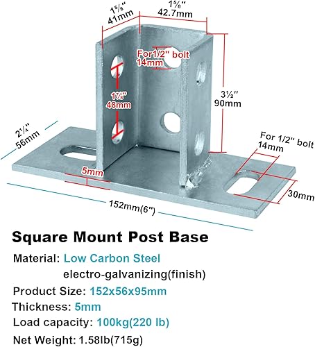 Miniatura 2 de Paquete de 4 bases de poste en U de 2 ranuras para canal de puntal cuadrado de 1-58 pulgadas, montaje en planta baja, 316 pulgadas de grosor