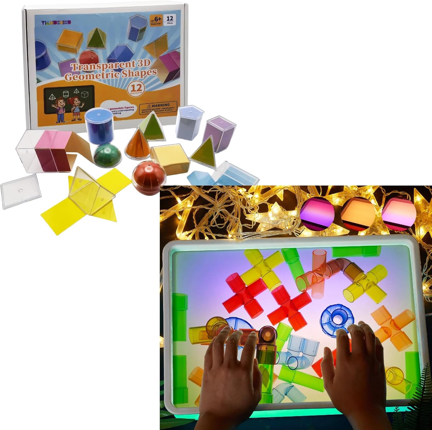 STEM and Creativity Set | 3D Geometric Shapes & Light Table for Kids Manipulative 16"LED Light Box 3 Modes(Green)(24 Geometric Shapes + Light Up Sensory Table)