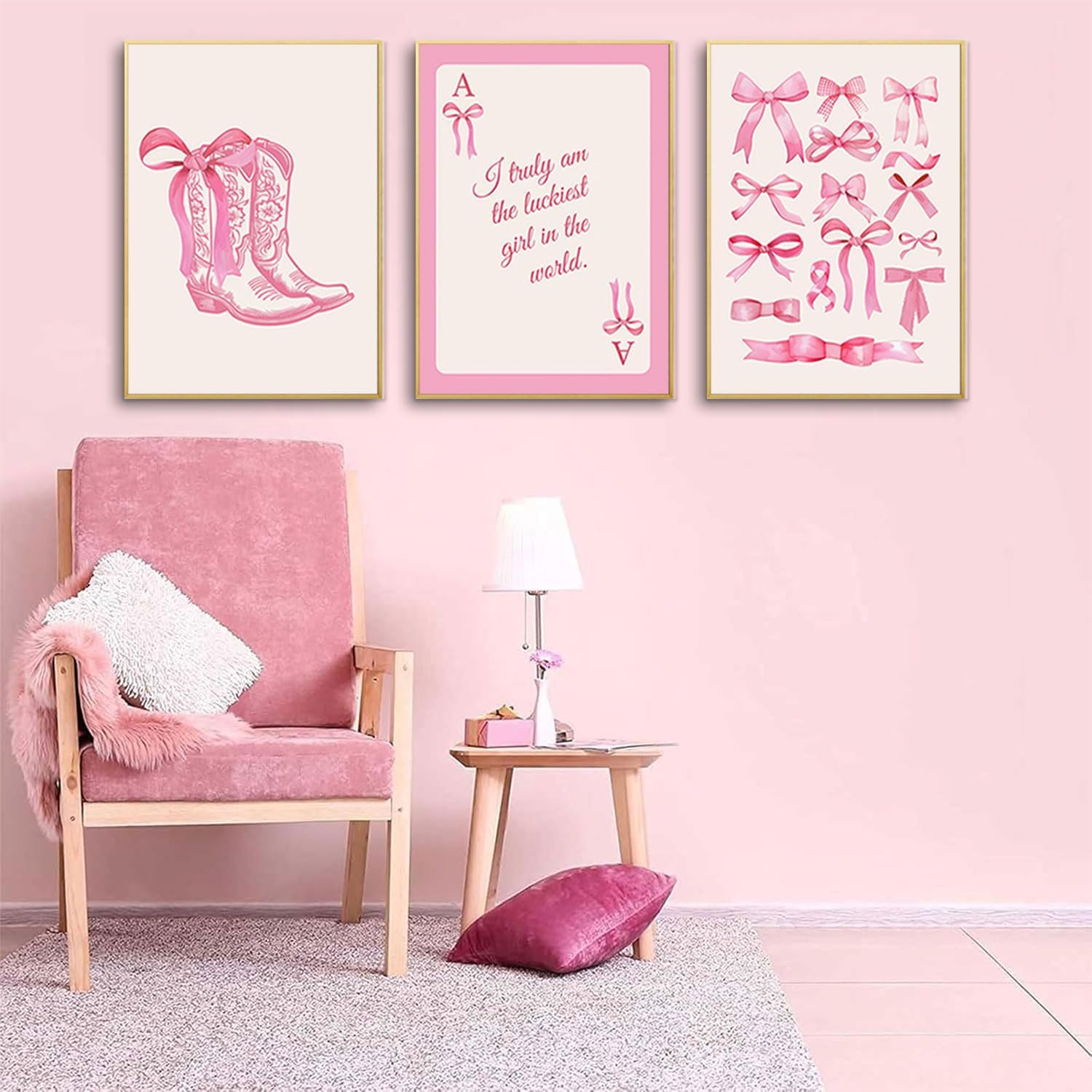 3pcs Fashion Pink Bow Wall Art Coquette Preppy Wall Decor Pink Cowboy Boots Painting Picture Lucky Girl Poker Canvas Poster Prints for Girls Dormitory College Apartment Home Decor 12x16in Unframed