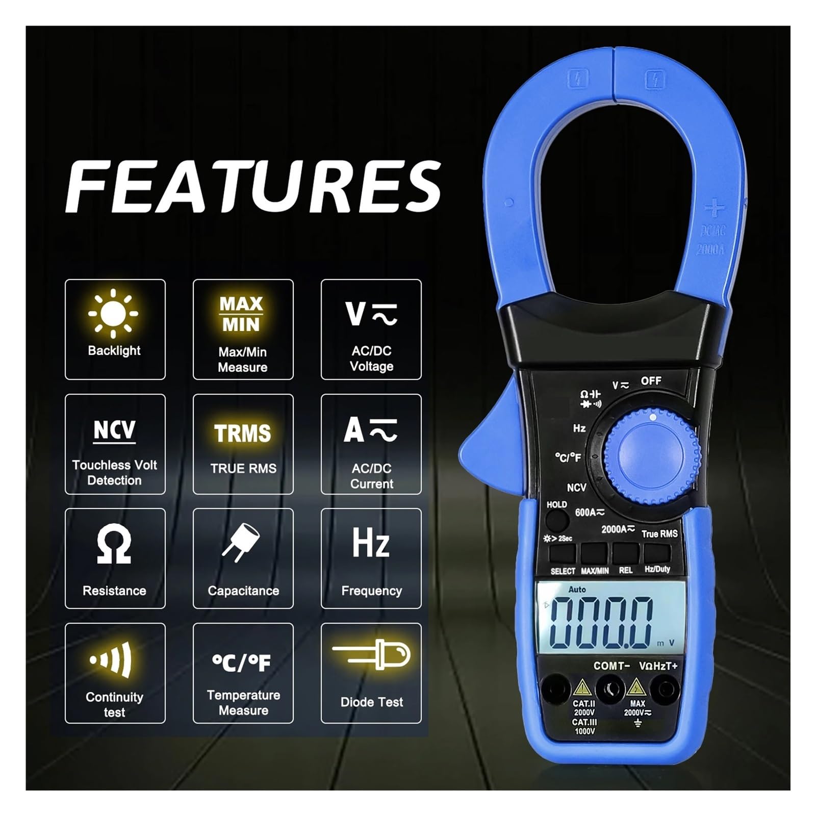 Cęgowy Multimetr Cyfrowy AC/napięcie Prądu Stałego Tester 2000A/2000V Miernik True RMS Podłączanie Telefonu Komórkowego Bluetooth(Blue)