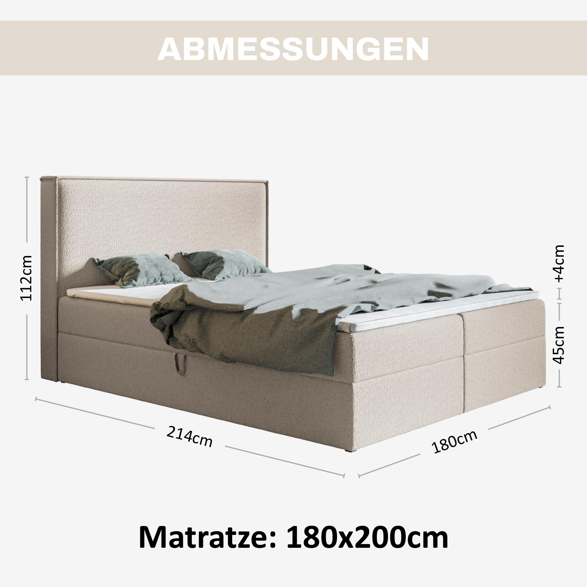 MOTIVENA Bari Boxspringbett 180x200 Beige Boucle, mit Taschenfederkern-Matratze (H3), mit Visco Memory-Foam Topper (H2), Boxspringbett 180x200 mit Bettkasten Beige