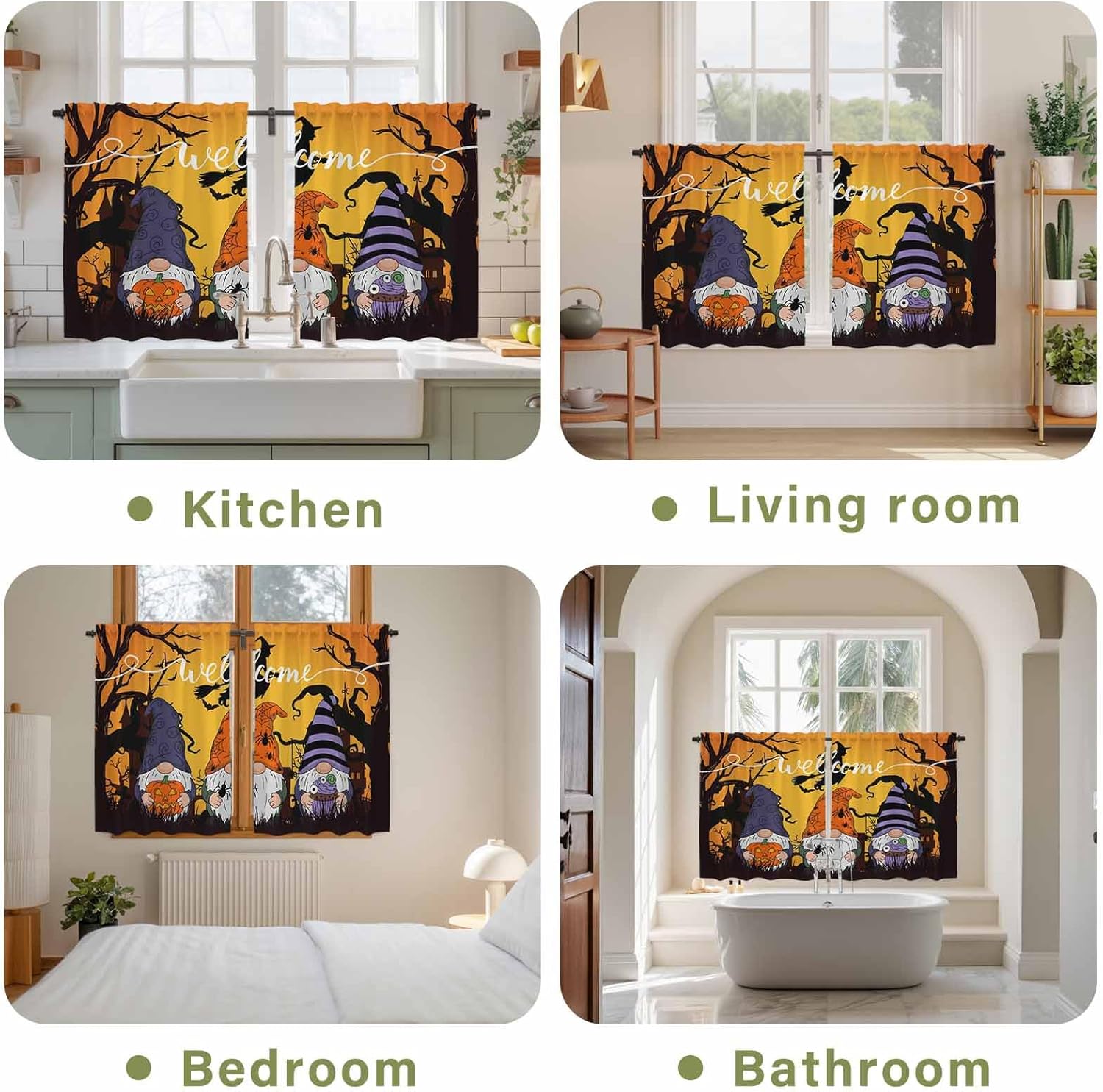 Orange Halloween Kitchen Curtains 45 Inch Long 2 Panel Set, Rod Pocket Window Treatment, Gnomes Scary Pumpkin Bat Black Tree Light Filtering Panels Short Drapes for Bathroom Camper 42"W x 45"L