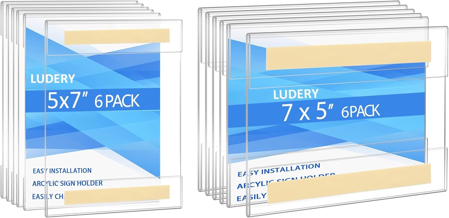 Acrylic Sign Holder 5 x 7 Wall Mount Vertical and Horizontal, Clear Acrylic Frame with 3M Tape Adhesive, Plastic Wall Sign Holder for Office, Home, Restaurant- (6 Pack)