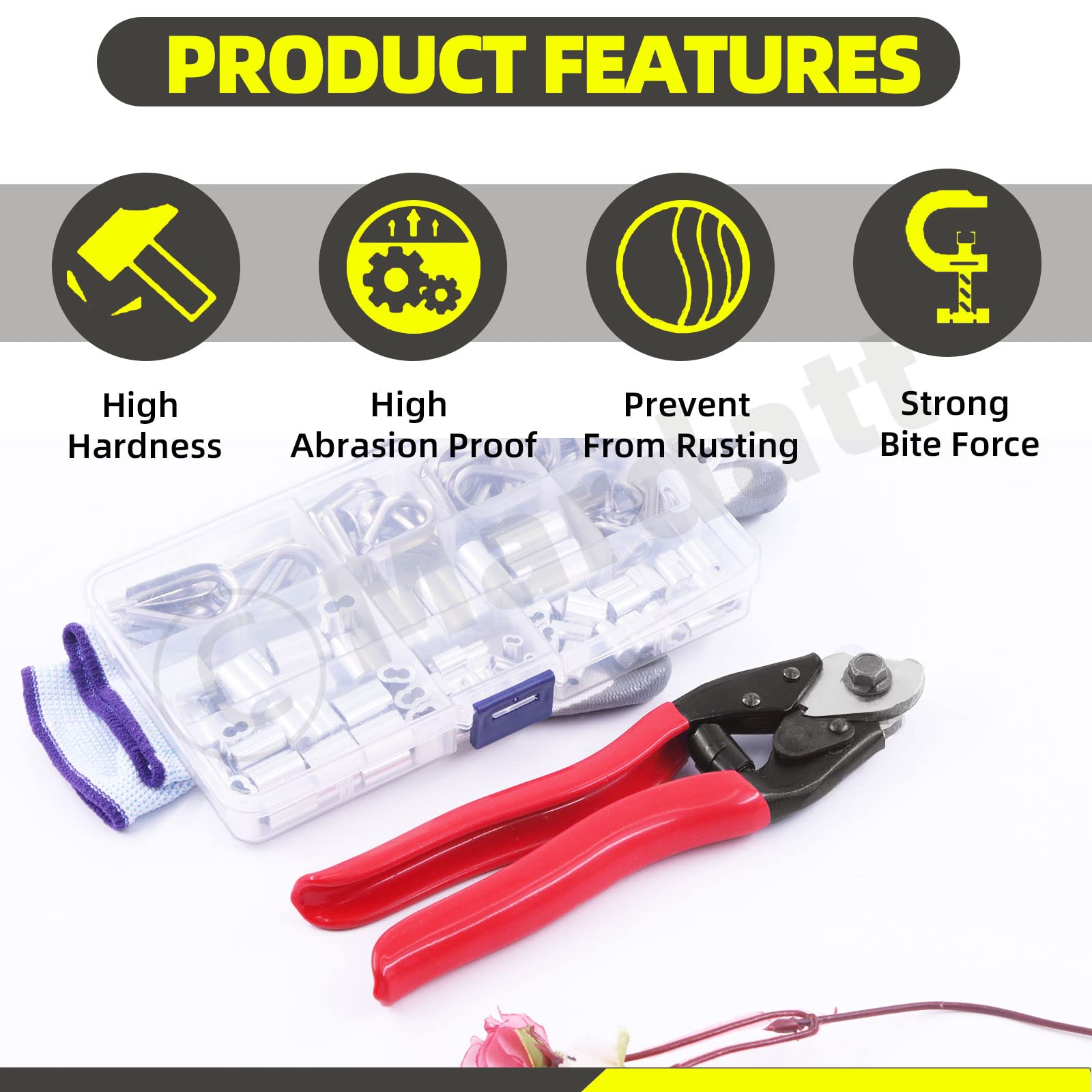 122Pcs Cable Wire Rope Crimping Tool Includes 8" Cable Cutter, 5 Sizes Aluminum Crimping Loop Sleeve & Wire Cable Thimbles and Anti-Cutting Gloves for Bike Brakes Cable Railing